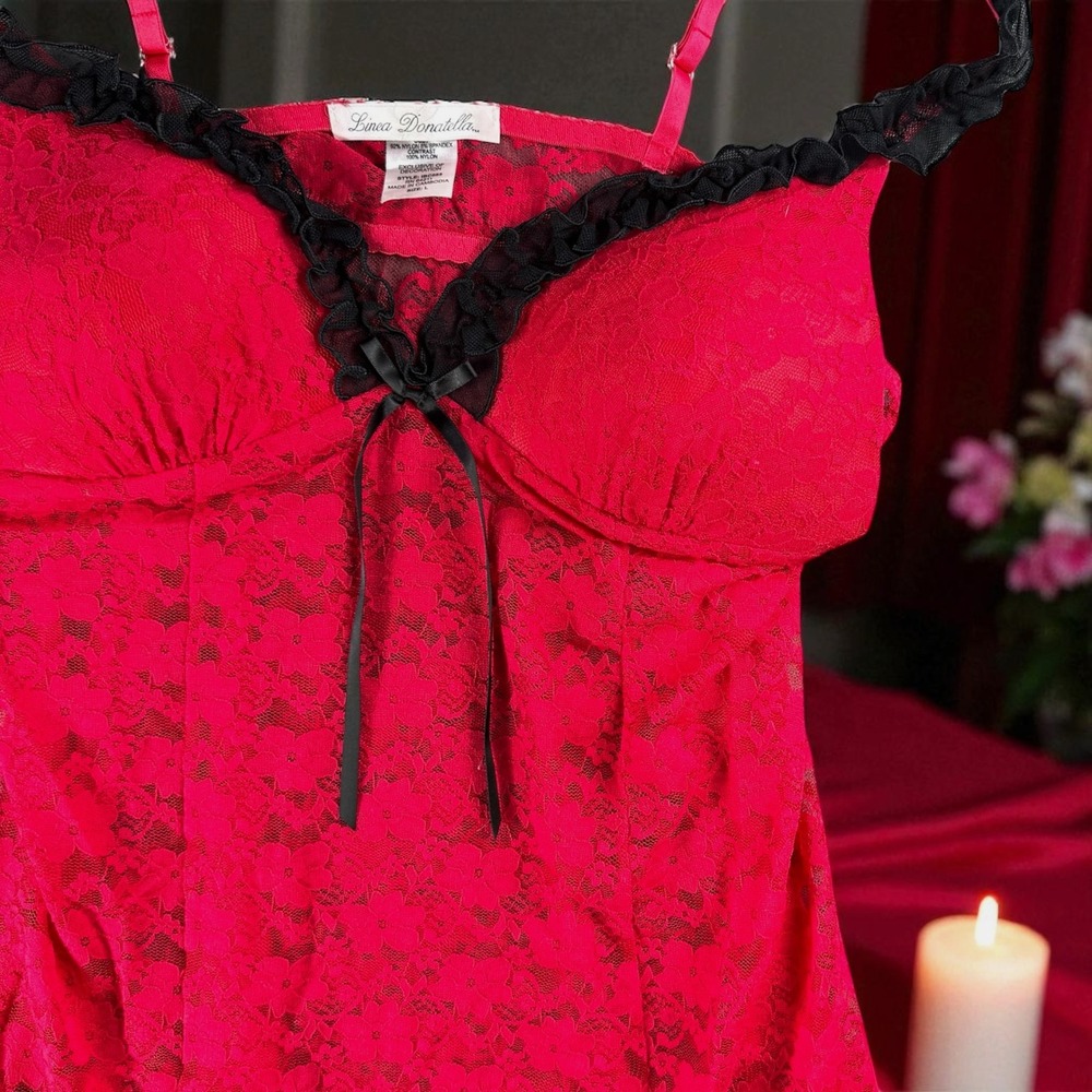Linea Donatella Lingerie L Red Lace Cami Top Black Trim Bedroom Boudoir Sexy